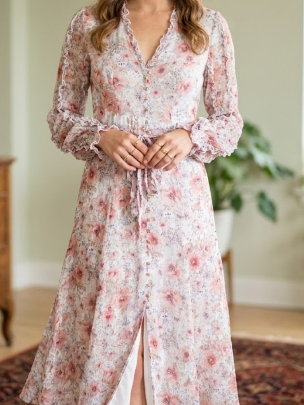 KEEPSAKE Blush Floral Lace-Trim Maxi Dress Size M